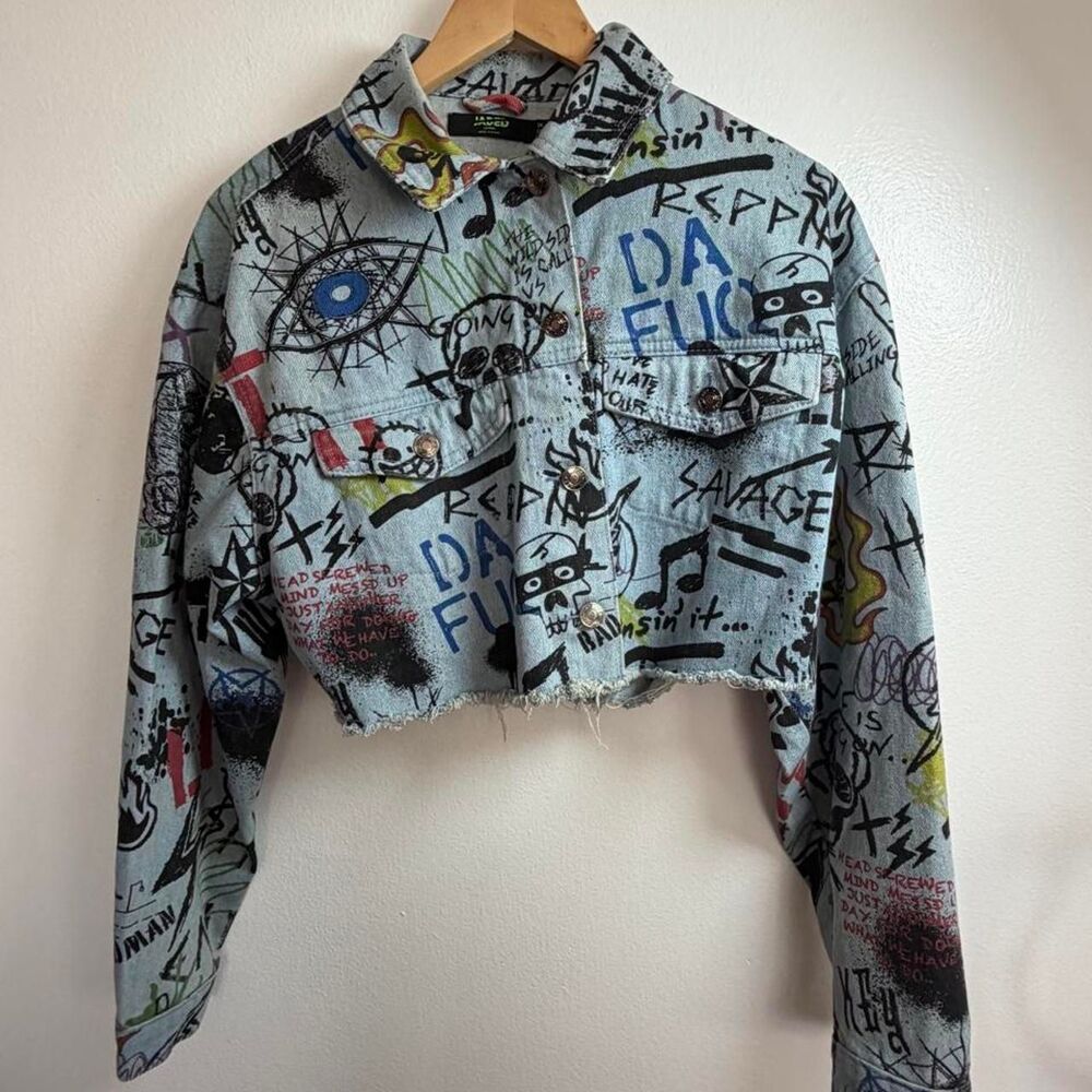 Jaded-london Graffiti Print Cropped Cotton Twill Trucker Jacket US 6 Y2k Grunge - Picture 4 of 8
